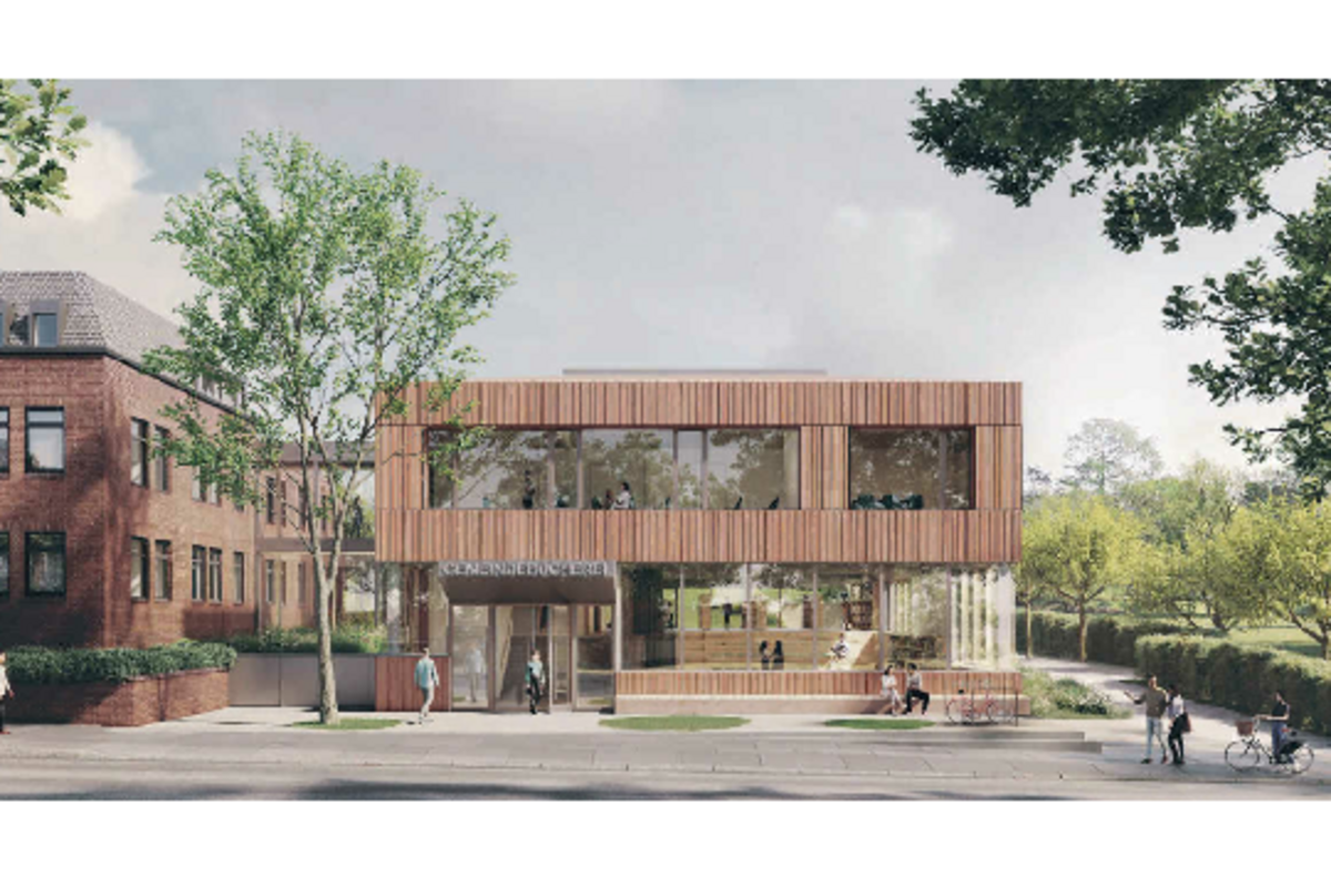 Musterbild neues Büchereigebäude mit großer Glasfront und Keramikverkleidung im Holzdesign