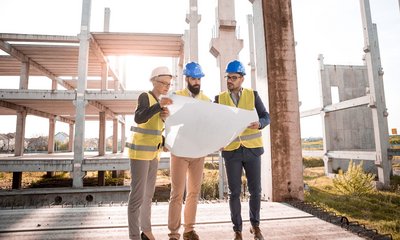 Drei Personen schauen auf einen Bauplan