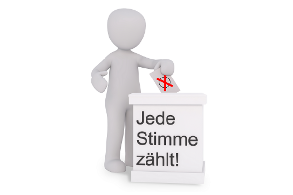 3D Figur mit Plakat und der Audschrift " Jede Stimme zählt"