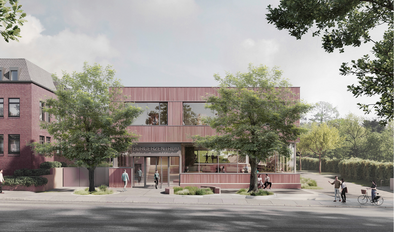 Entwurf der Frontansicht des neuen Bürgerzentrums von Keramikfassade in roter Holzoptik und breiter Glasfront.