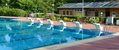 Schwimmbecken mit Startblöcken und Blumenbeet