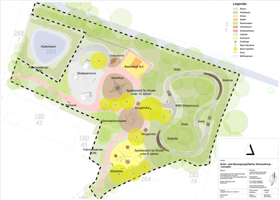Planzeichnung des neuen Spielplatzes am Wiesenkrog mit Skaterbahn, BMX-Dirtparcours, Schaukel, Seilzirkus und Basketballfeld