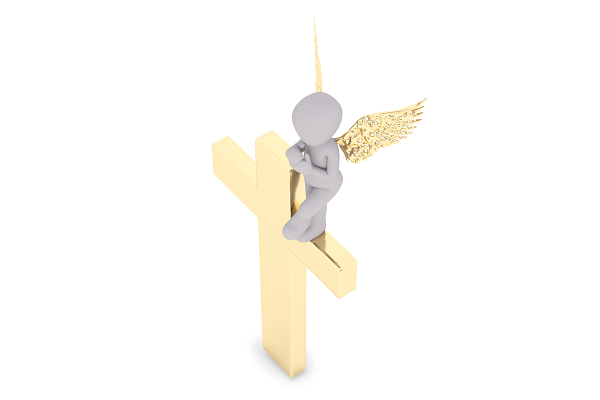 3D Männchen mit Engelsflügeln sitzt auf einem goldenen Kreuz