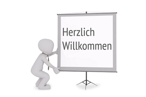 3D Figur mit Schild "Herzlich Willkommen"