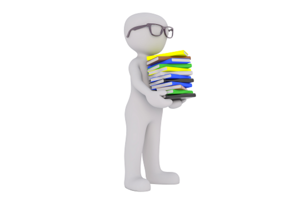 3D Figur mit einem Stapel Bücher