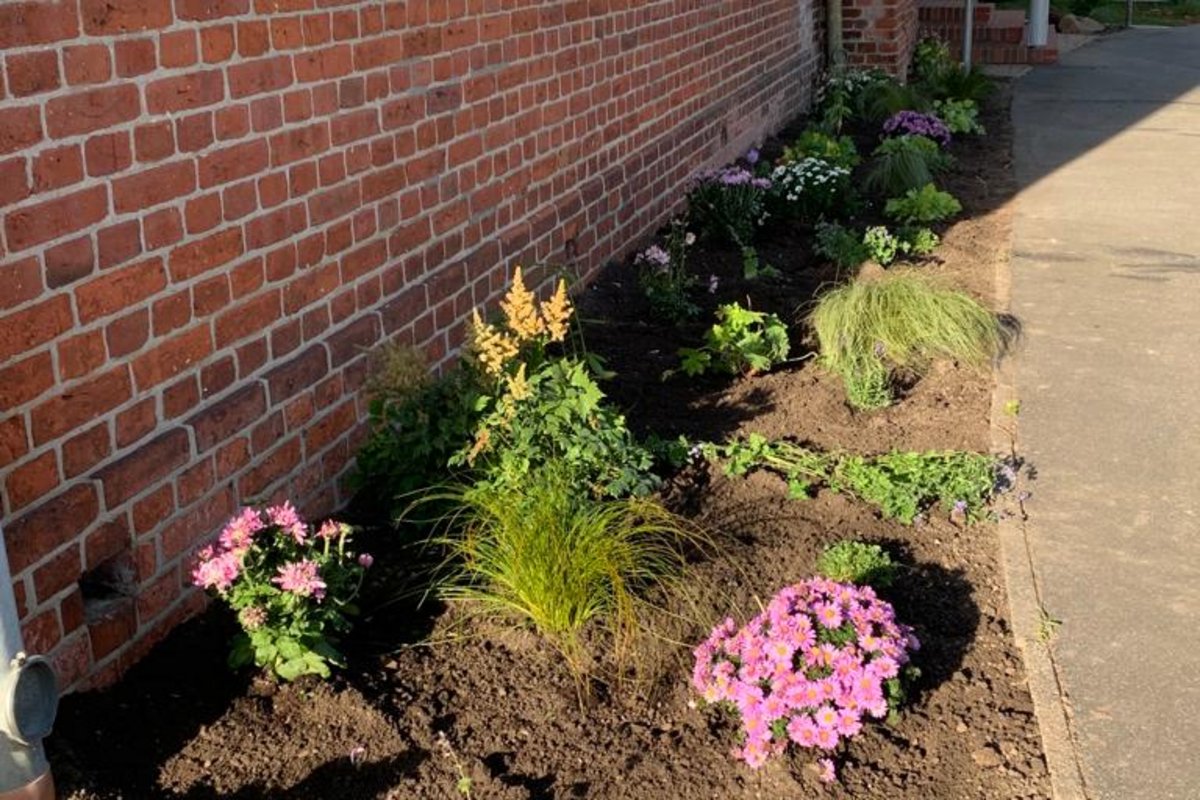 Seitenansicht des Gemeinschaftshauses mit Blumenpflanzen
